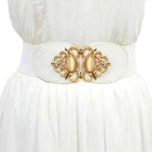 White Stone Buckle Wide Elastic Belt